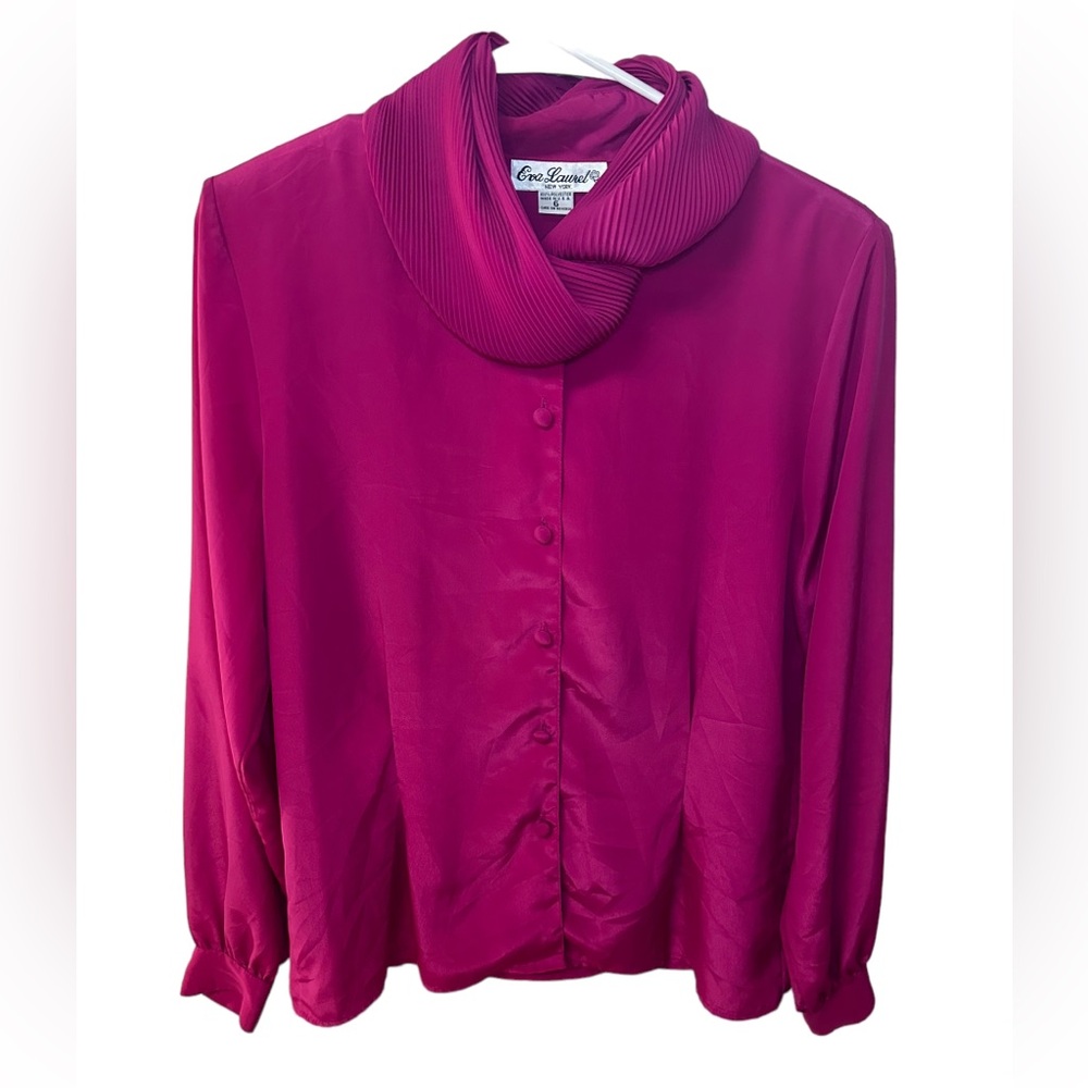 Vintage 80s 90s Eva Laurel Pink Magenta Button Blouse Accordion Pleated Collar 6